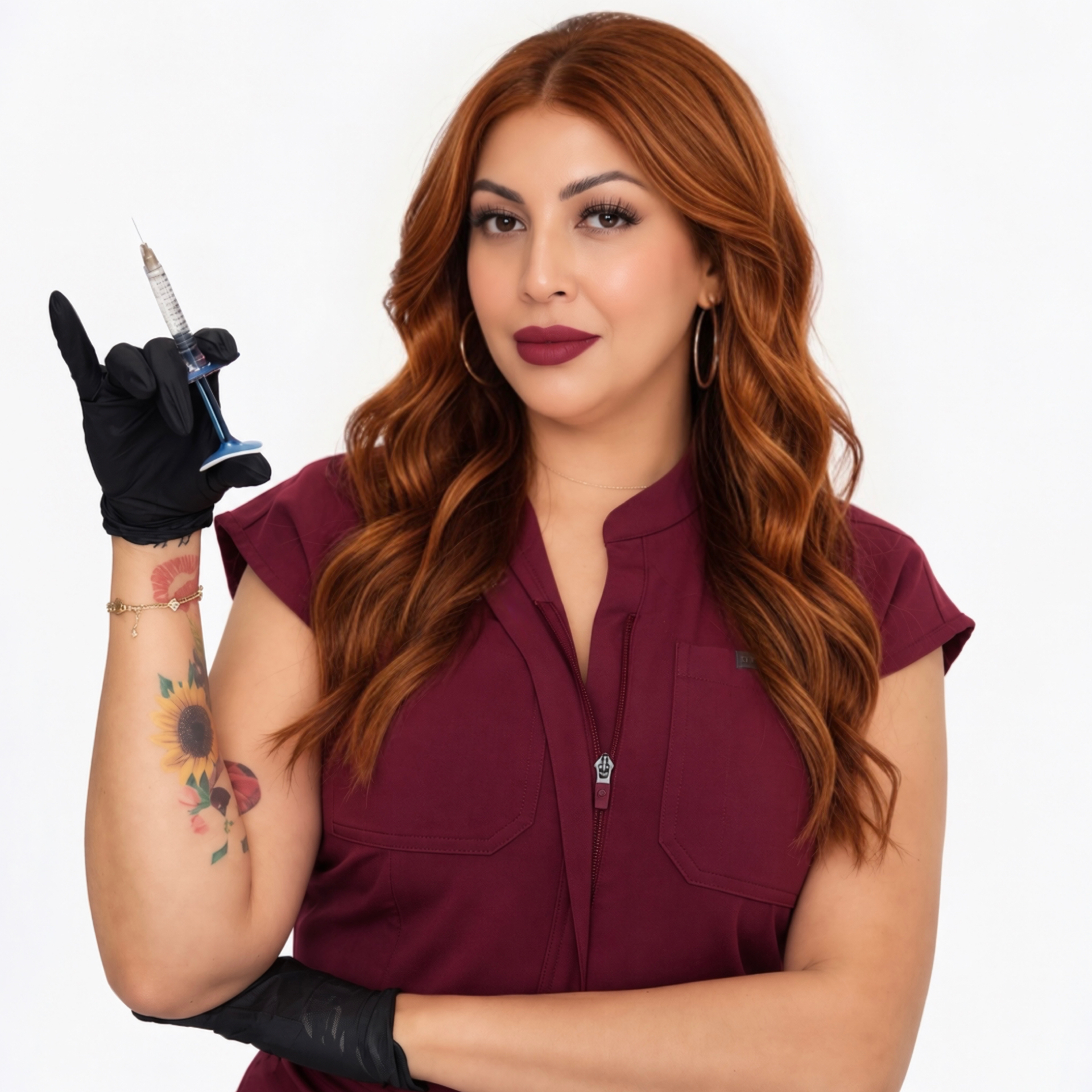 Judith Garcia in burgundy scrubs holding a syringe in a gloved hand