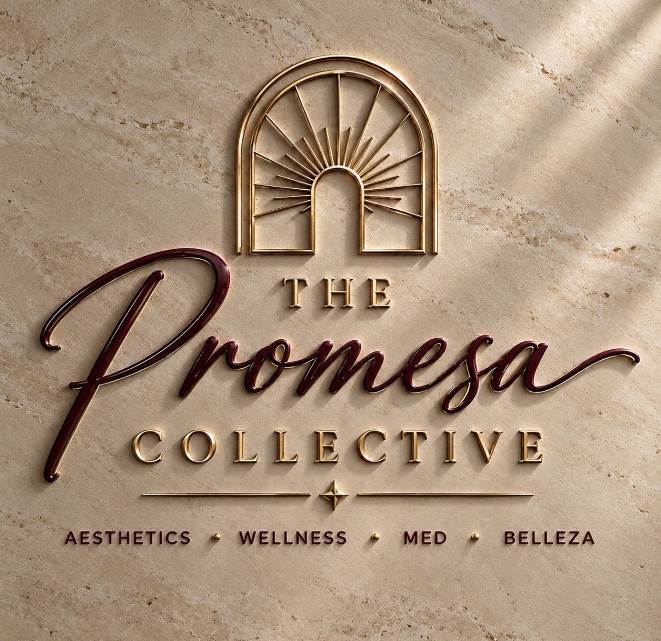 The Promesa Collective logo in burgundy and gold on warm stone